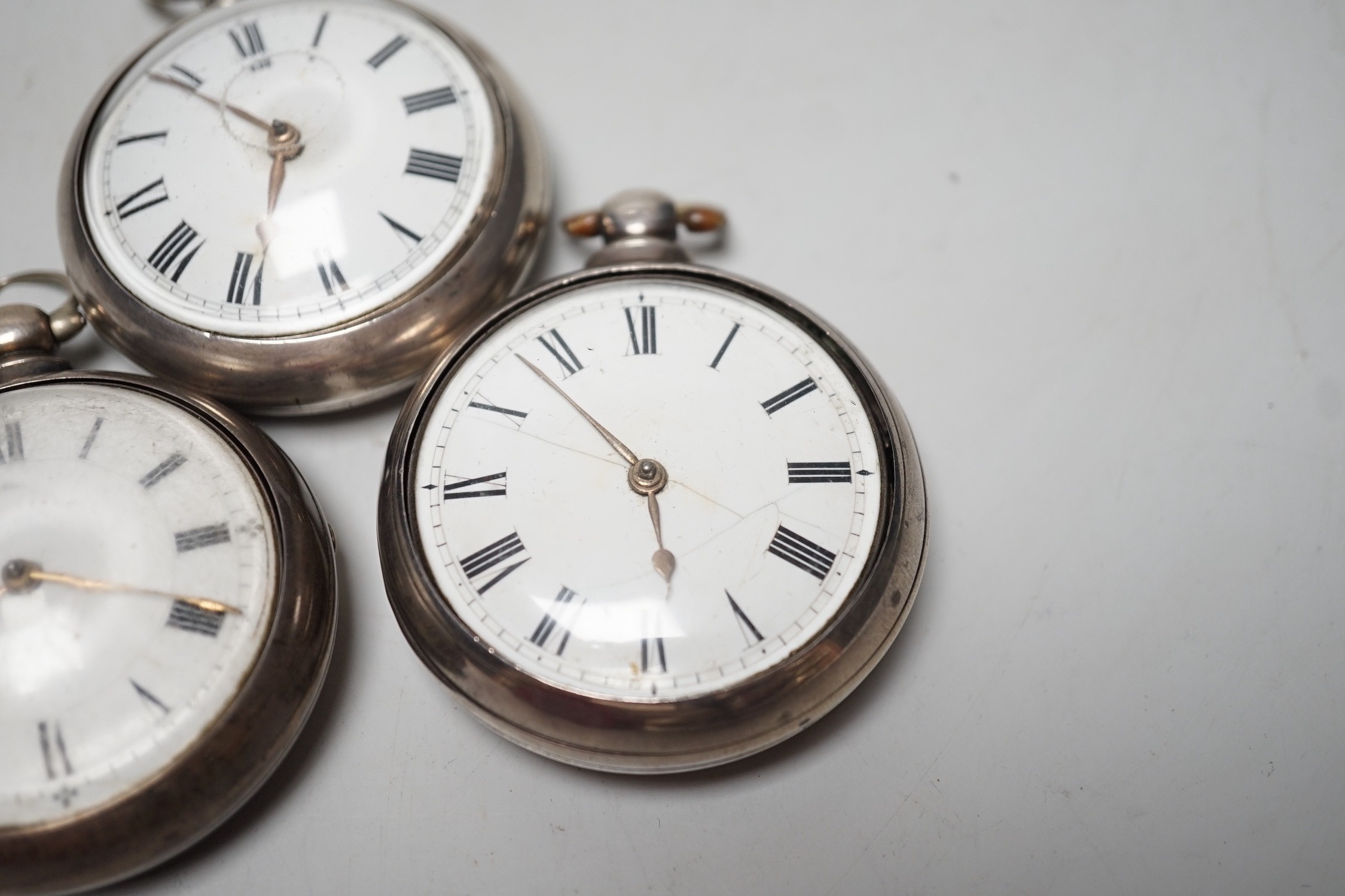 Three 19th century silver pair cased keywind verge pocket watches by Marriott of Northampton, George Bates of Kettering and Carter of Salisbury.